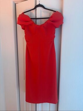 A.L.C. Off-Shoulder Red Midi Dress | Draped Bodice | Pencil Skirt | Size 4